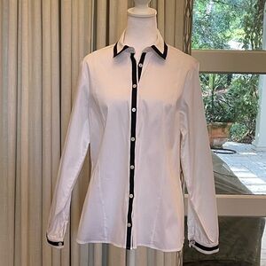 Carlisle Collection White Cotton Shirt with Navy Ribbon Trim